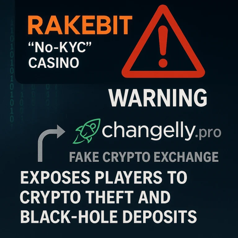 RakeBit’s “No-KYC” Casino Pipes Users to Changelly.pro — A Look-Alike Domain Exposing Players to Crypto Theft and Black-Hole Deposits