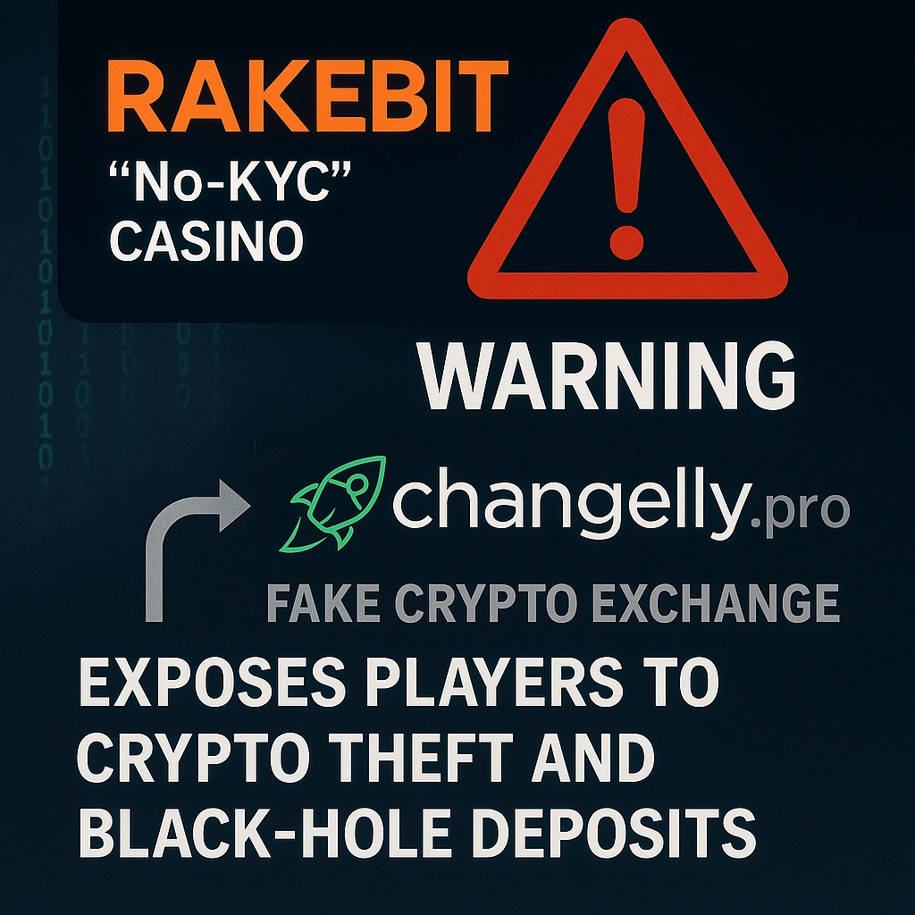 RakeBit’s “No-KYC” Casino Pipes Users to Changelly.pro — A Look-Alike Domain Exposing Players to Crypto Theft and Black-Hole Deposits