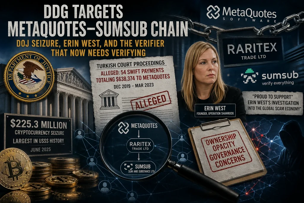 DDG Escalates Pressure on MetaQuotes–Sumsub Chain: DOJ Seizure, Erin West, and the Verifier Under Scrutiny