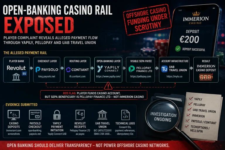 Player Complaint Raises Questions About Alleged Open-Banking Casino Rail Involving Yapily, Pellopay, And UAB Travel Union
