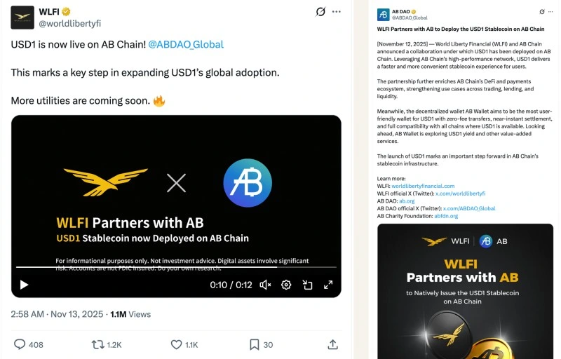 Announcements by World Liberty Financial and AB of their collaboration last November.